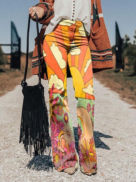 Women's Retro 70s Landscape Print Wide Leg Pants
