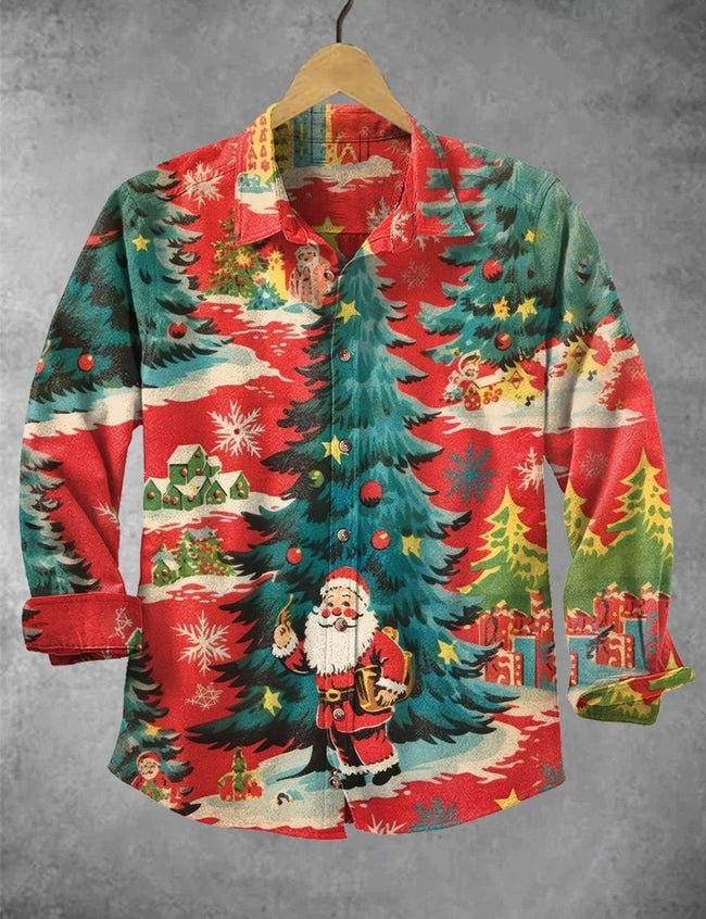 Vintage Santa Claus Christmas Tree Print Casual Pullover Sweater