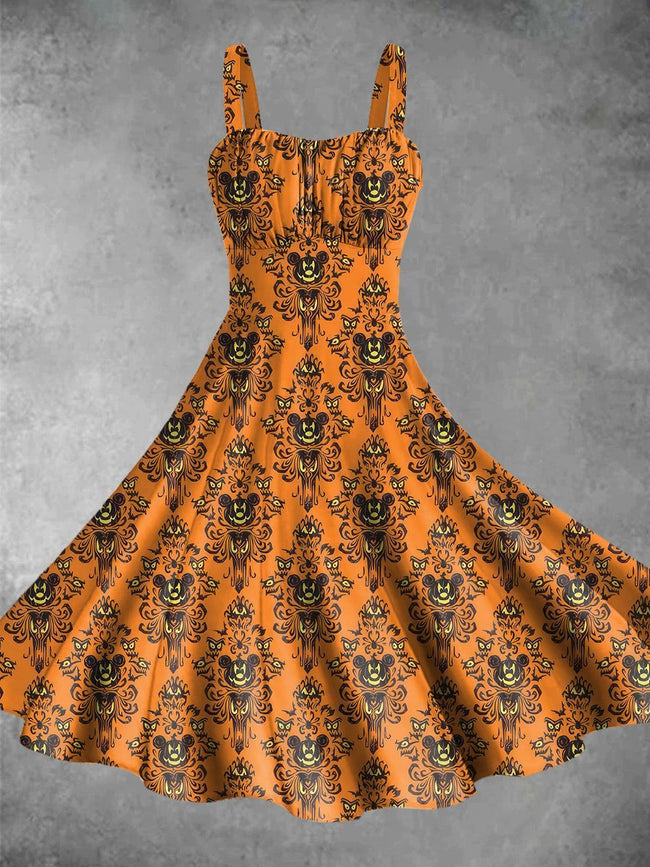 Vintage Halloween Fall Cartoon Print Backless Dress