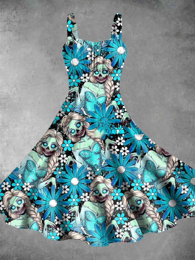 Vintage Frozen Zombie Princess Halloween Print Backless Dress