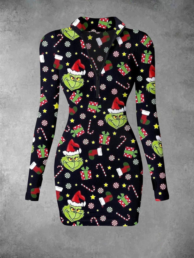 Fun Funny Christmas Print Ribbed Zip Front Long Sleeve Mini Dress