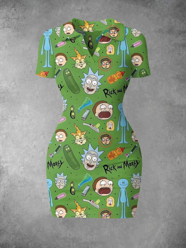 Women's Vintage Cartoon Print Ribbed Bodycon Mini Dress