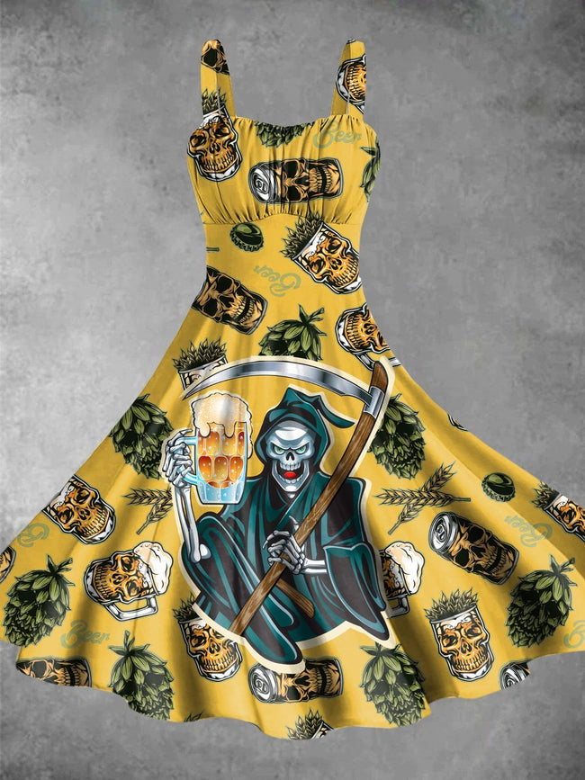 Vintage Death Drinks Beer Halloween Print Backless Dress