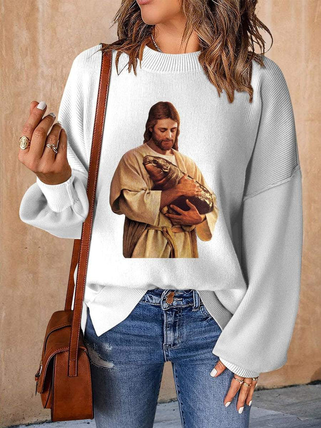 Jesus Holding Moo-Deng Print Casual Knit Pullover Sweater