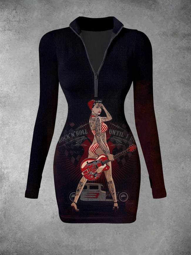 Retro Art Illustration Print Ribbed Zip Front Long Sleeve Mini Dress