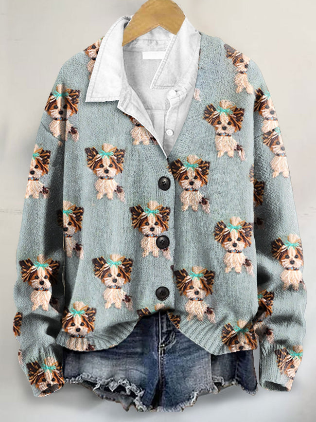 Cute Dog Lover Art Print Buttoned V-neck Cardigan Sweater