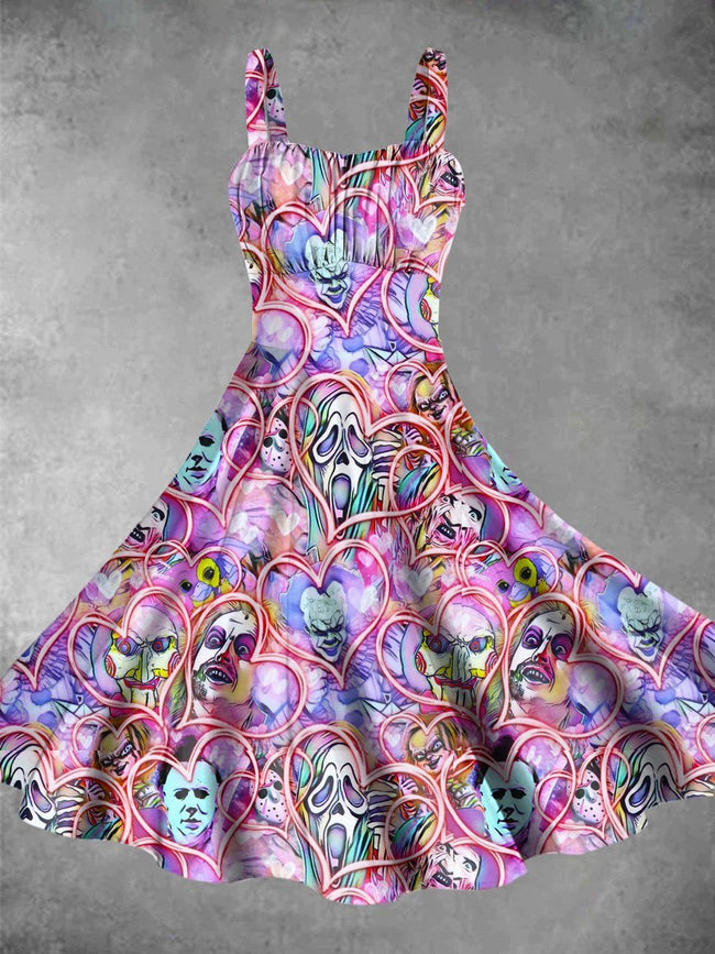 Vintage Color Love Horror Movie Halloween Print Backless Dress