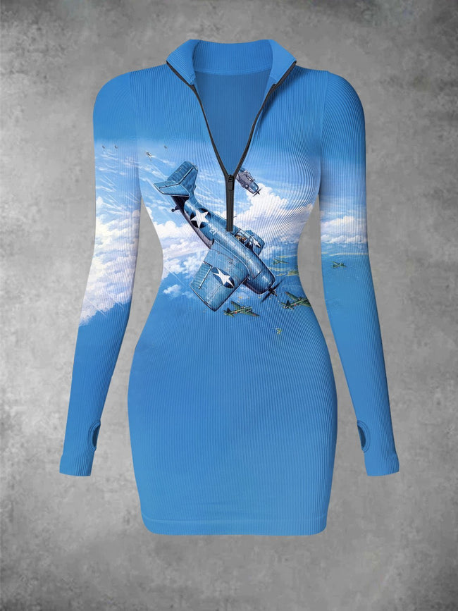 Retro Propeller Blue Airplane Art Print Ribbed Zip Front Long Sleeve Mini Dress