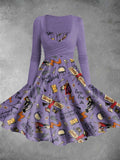 Women's Vintage Crazy Witch Halloween Print Two-Piece Dress