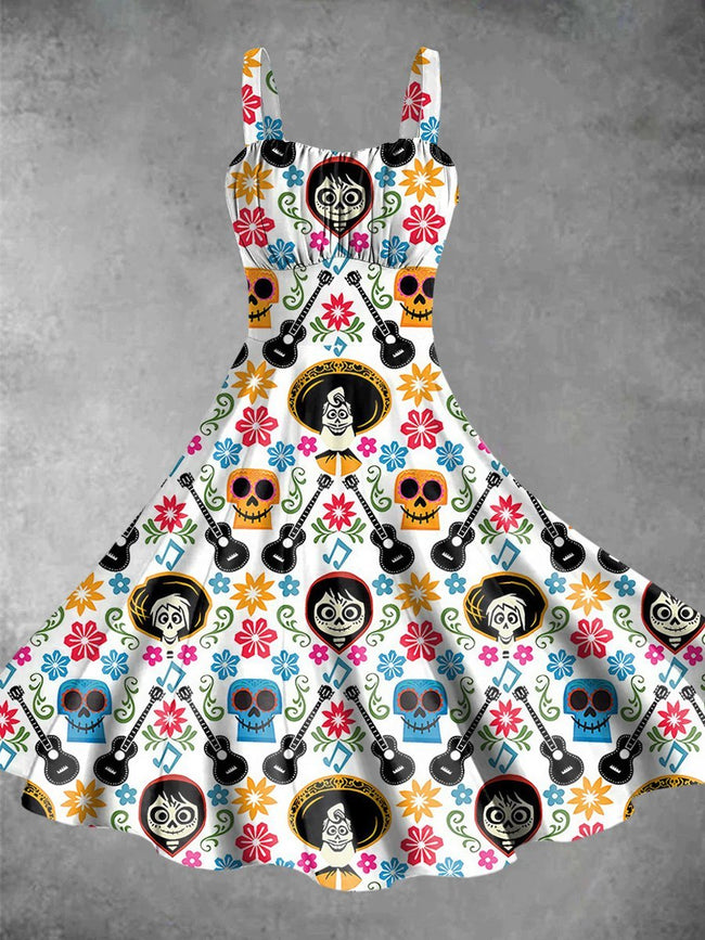 Vintage Day of the Dead Print Backless Dress