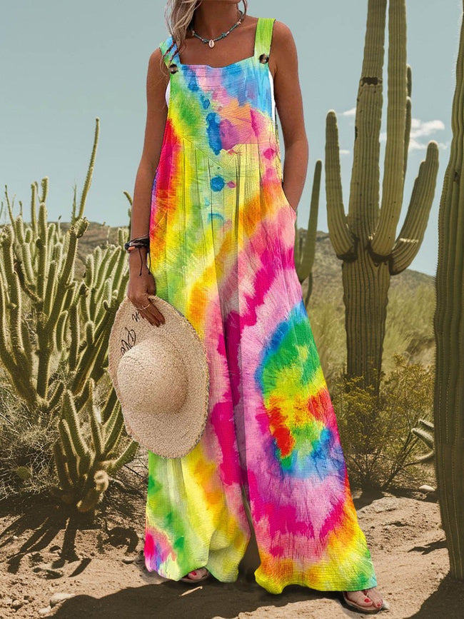Women's Colorful Hippie Tie Dye Print Casual Strap Wide Leg Pants Jumpsuit