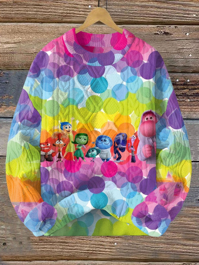 Vintage Rainbow Cartoon Print Knitted Woven Crewneck Pullover