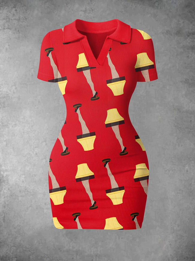 Women's Christmas Retro Leg Lamp Print Ribbed Bodycon Mini Dress