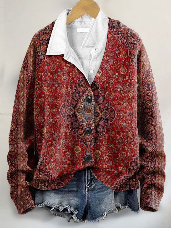 Vintage Art Print Buttoned V-neck Cardigan Sweater