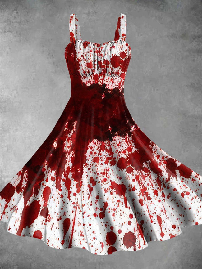 Vintage Halloween Blood Print Backless Dress