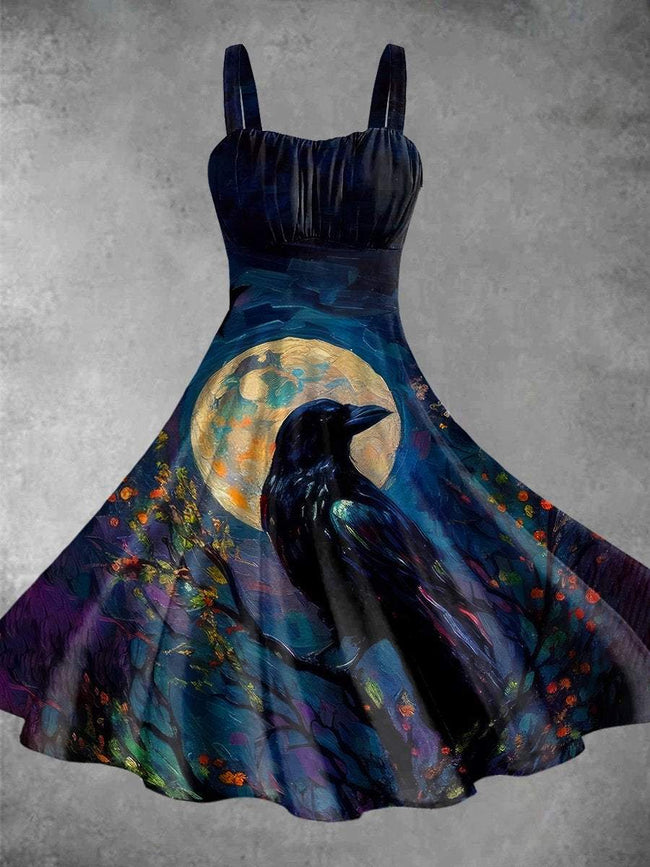 Vintage Raven Print Backless Dress