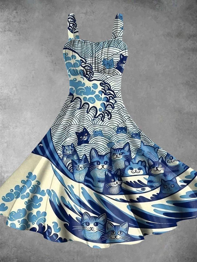 Blue Waves&Cats Print Backless Dress