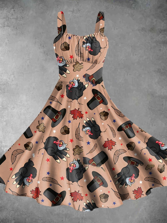 Vintage Thanksgiving Turkey Print Backless Dress