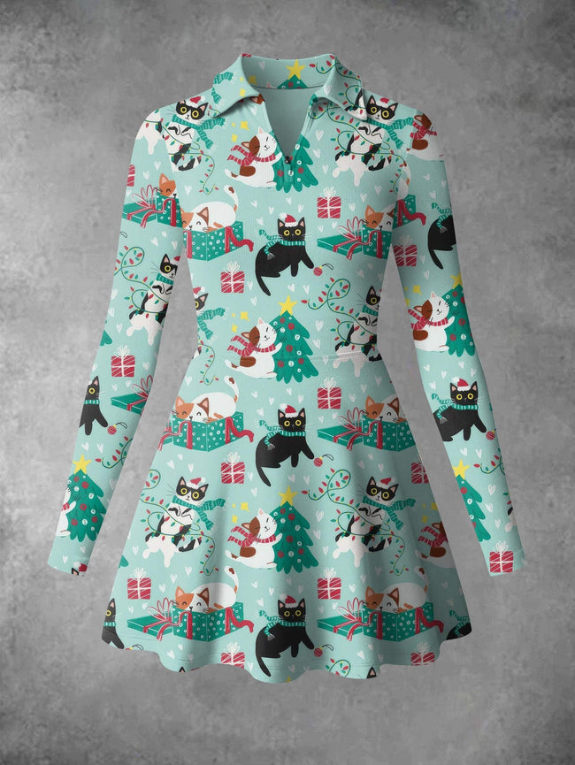 Vintage Christmas Cat Print A-Line Ribbed Zipper Mini Dress