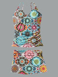 V-Neck Retro Paisley Print Suspender Skirt Tankini Pantskirt Set Swimsuit