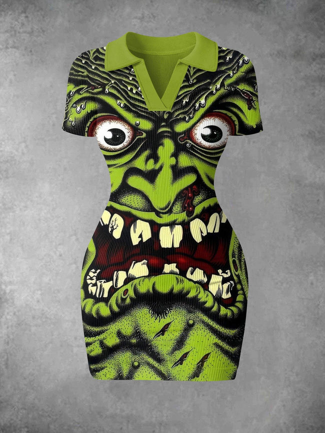 Women's Vintage Zombie Face Halloween Print Ribbed Bodycon Mini Dress