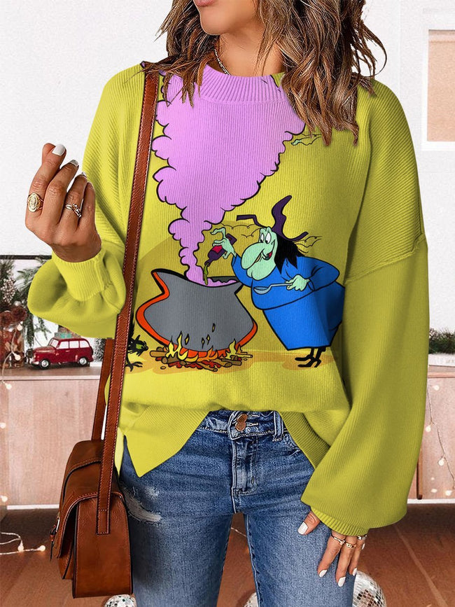 Witch Halloween Print Casual Knit Pullover Sweater