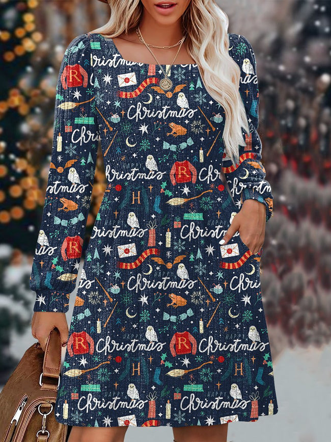 Vintage Christmas HP Wizard Print Knit Sweater Dress with Pockets