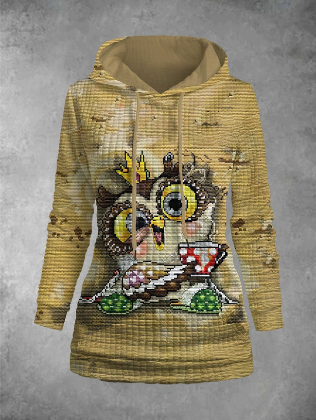 Pixel Art Owl Print Graphic Plaid Embossed Hoodie Pocket Hoodie