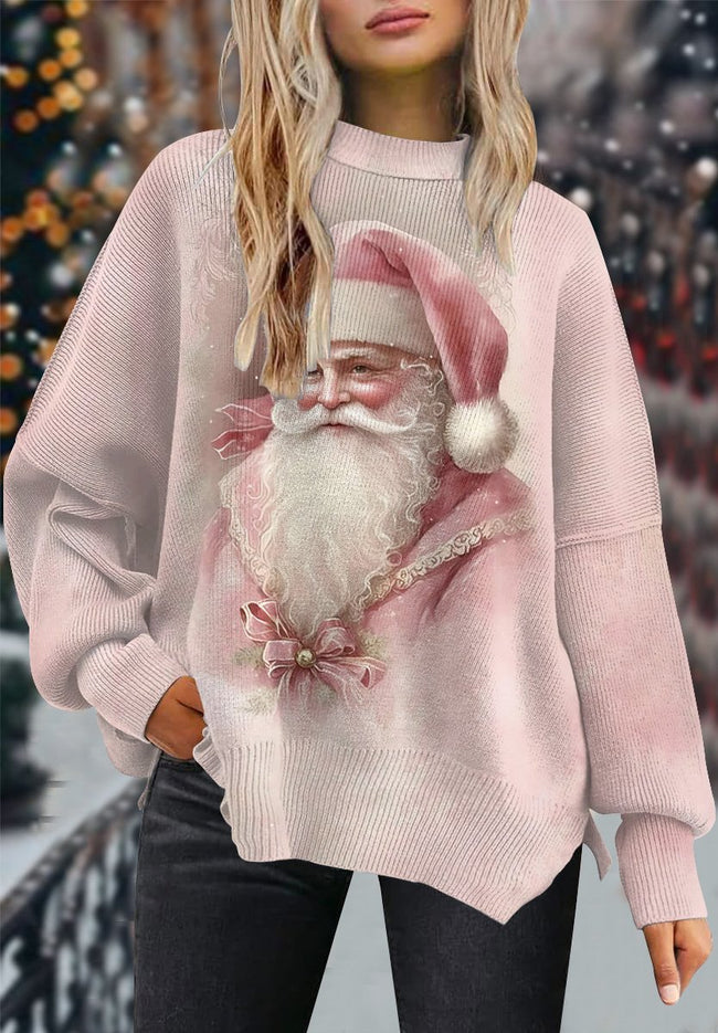 Pink Santa Claus Print Casual Knit Pullover Sweater