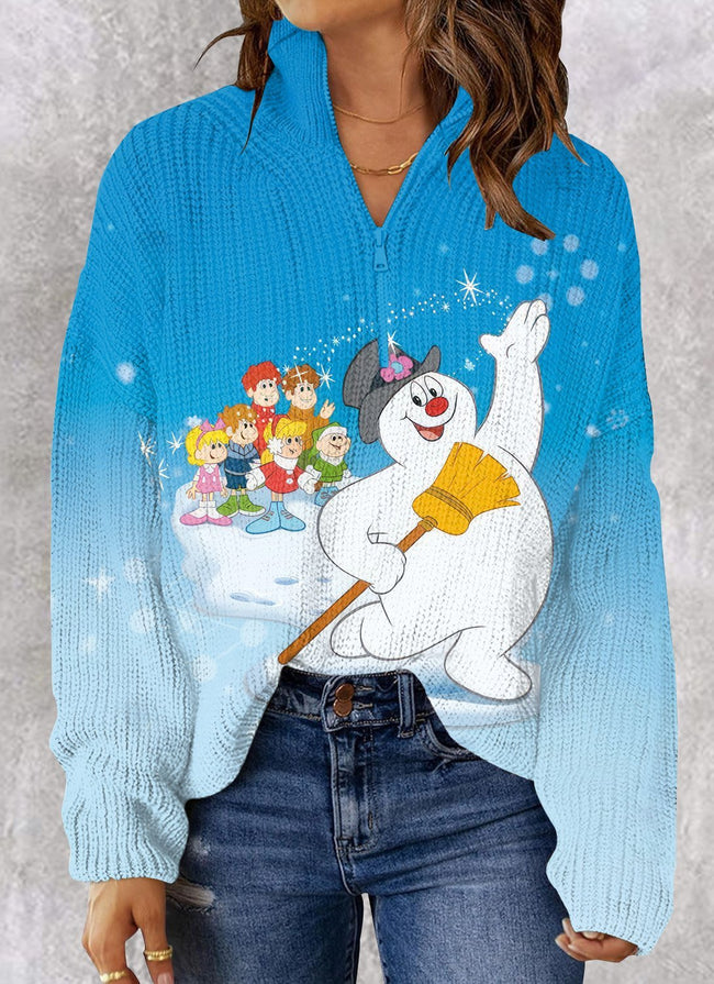 Women's Snowman Print Knit Sweaters 1/4 Zip Polo V Neck Pullover Tops