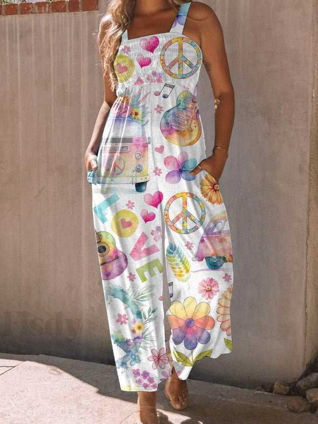 Vintage High Waist Peace And Love Floral Print Wide leg Jumpsuit with Pockets