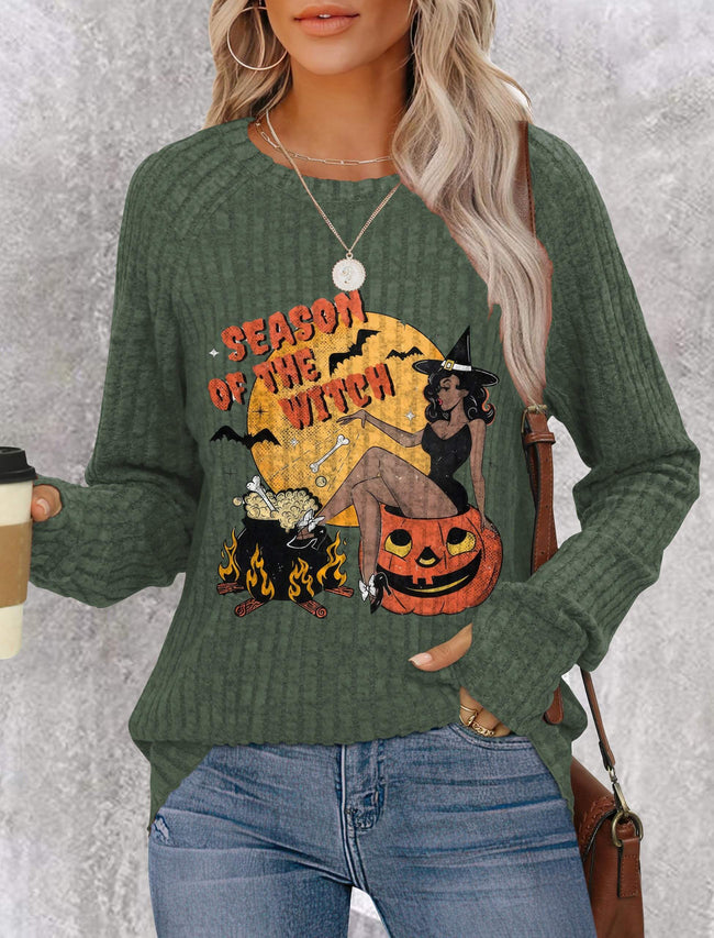 Vintage Witch Print Lightweight Fall Shirt with Thumb Holes