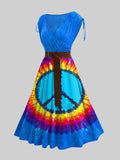Cinched Shoulder Surplice Plunge Belted Sleeveless Hippie Tie Dye Print Midi Dress