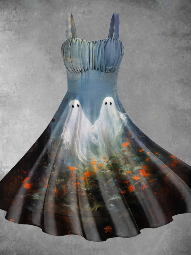 Vintage Ghosts Halloween Print Backless Dress