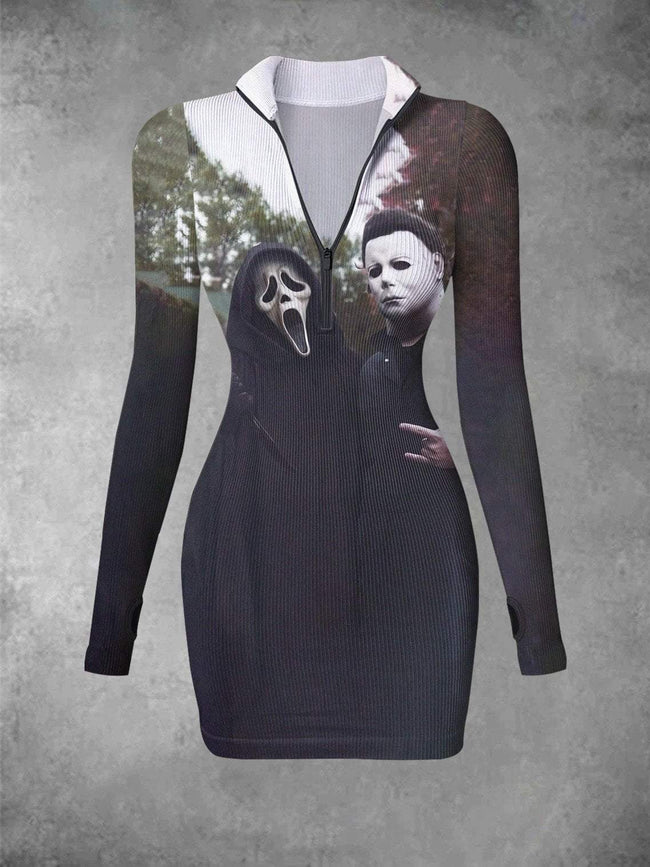 Retro The Ghost and The Killer Print Ribbed Zip Front Long Sleeve Mini Dress