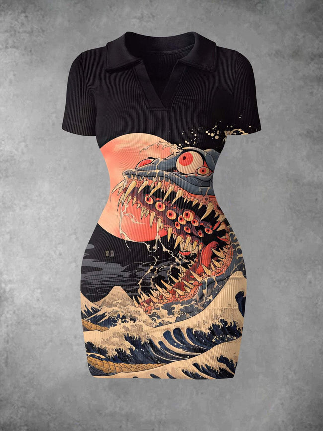 Women's Art Ukiyoe Style Print Ribbed Bodycon Mini Dress