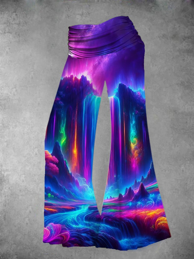 Women's Vintage Colorful Fluorescent Waterfall Abstract Print Wide Leg Pants