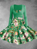 Women's Vintage Christmas Boy and Girl Print Two-Piece Dress