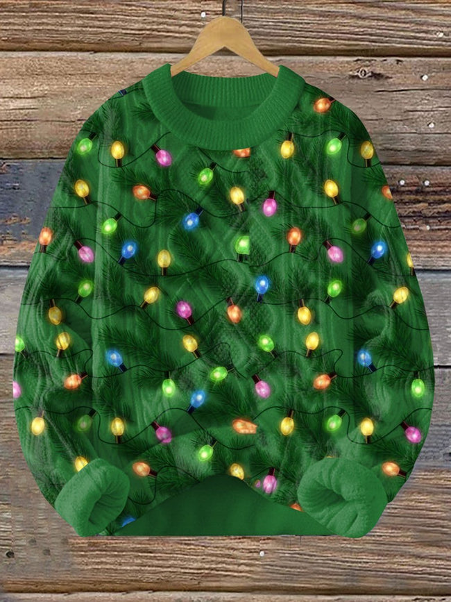 Vintage Christmas Light String Print Knitted Woven Crewneck Pullover