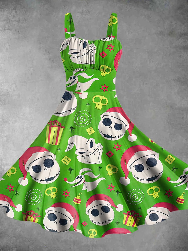 Vintage Christmas Nightmare Print Backless Dress