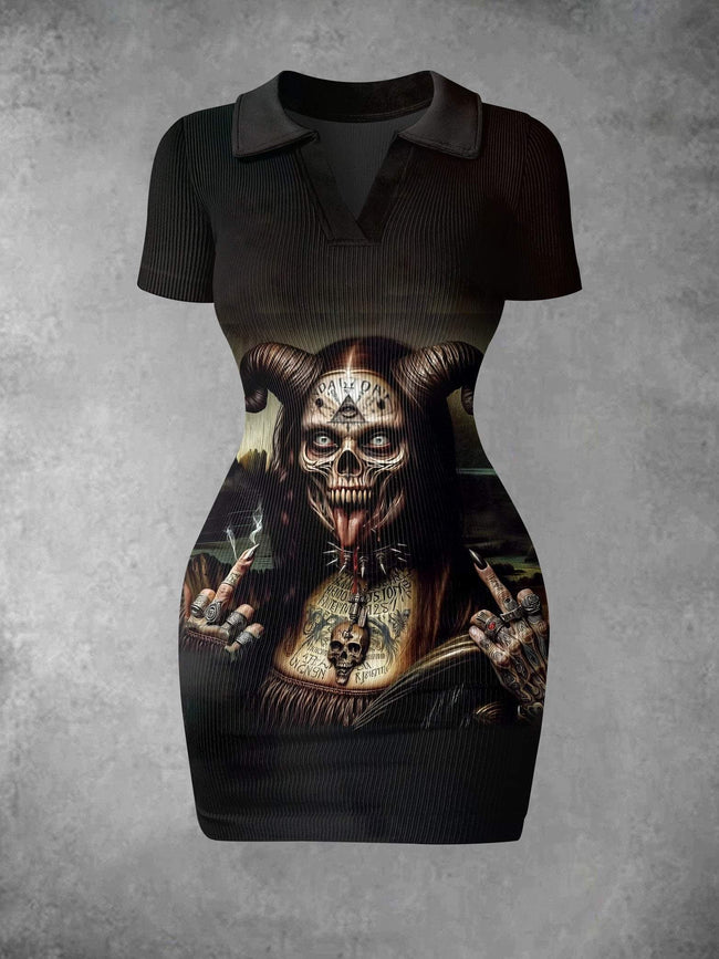 Women's Vintage Skull Dark Art Illustration Print Ribbed Bodycon Mini Dress