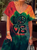 Women's Peace Love Symbol Hippie Art Print Casual 100% Cotton Wide Leg Jumpsuit