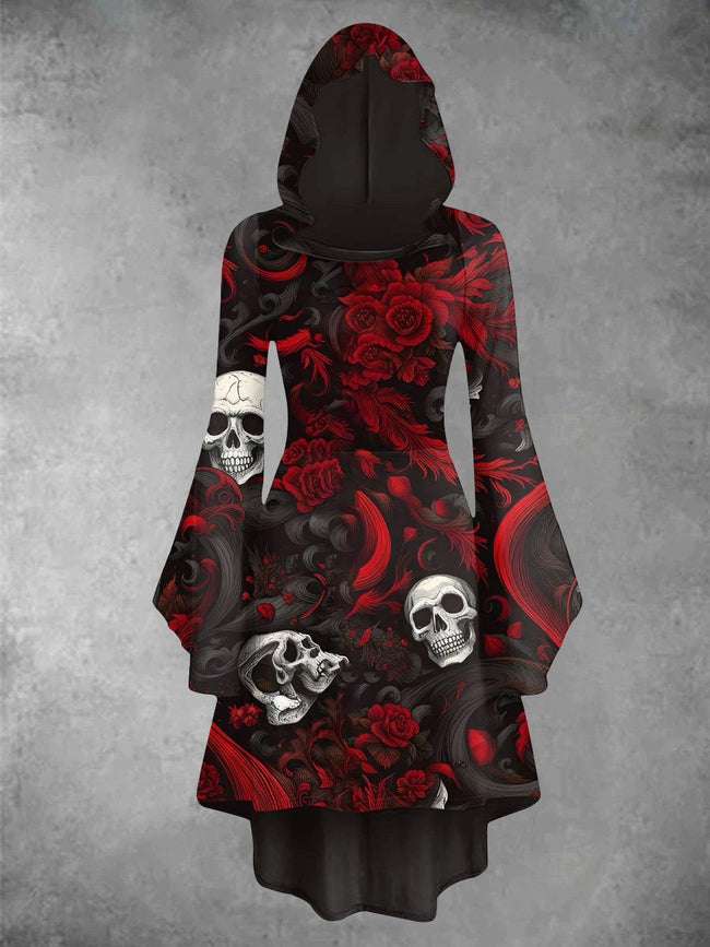 Vintage Rose Skulls Halloween Print Hooded Trumpet Sleeve Slim Chic Dress