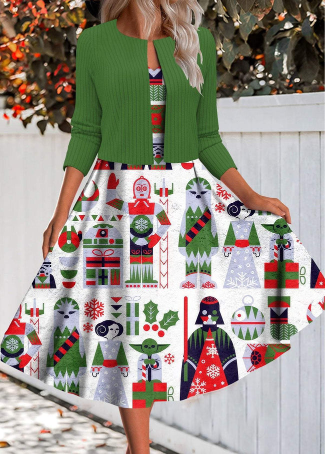 Vintage Christmas Print Two Piece Dress and Cardigan