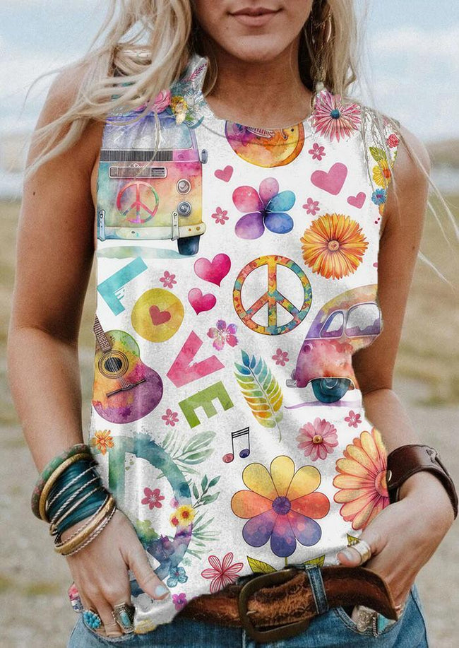Peace And Love Floral Retro Print Tank Top