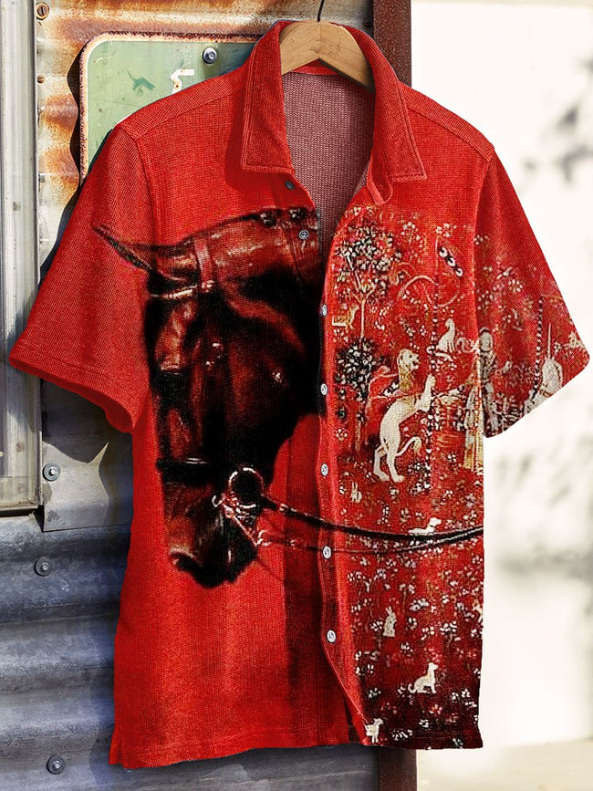 Vintage Horse Art Print Casual Knit Shirt