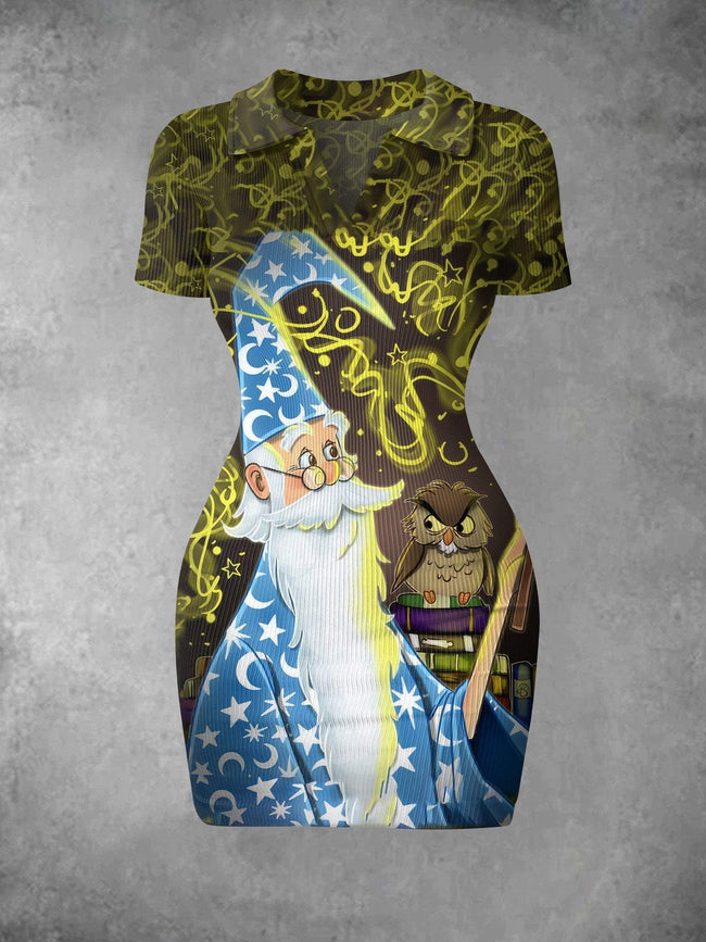 Women's Vintage Enchanter Halloween Print Ribbed Bodycon Mini Dress