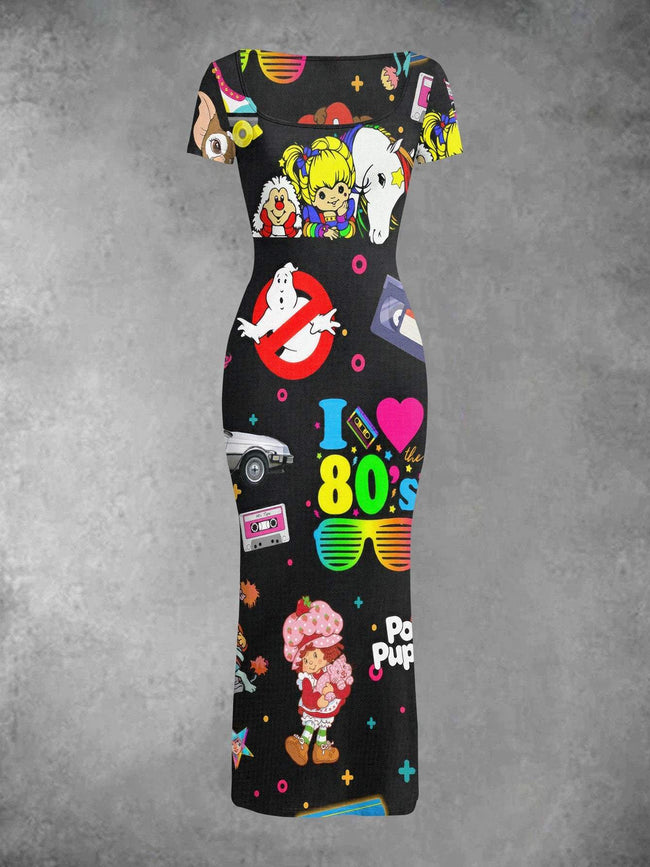 Vintage 1980s Print High Stretch Bodycon Maxi Dress