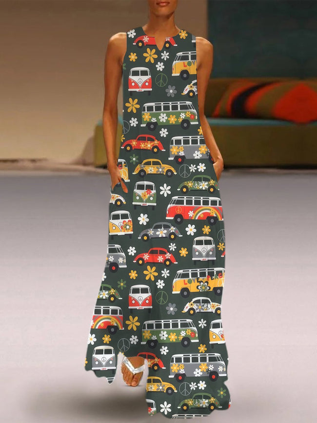 Retro Hippie Style Print V-Neck Maxi Dress