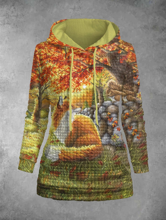 Pixel Drawing Fox Print Graphic Plaid Embossed Hoodie Pocket Hoodie